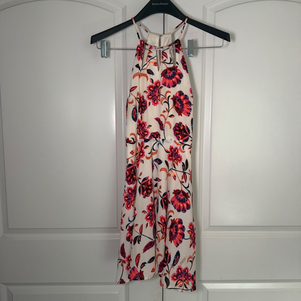 Express Womens Floral Halter Mini Dress White Pink Keyhole Neck Size 0